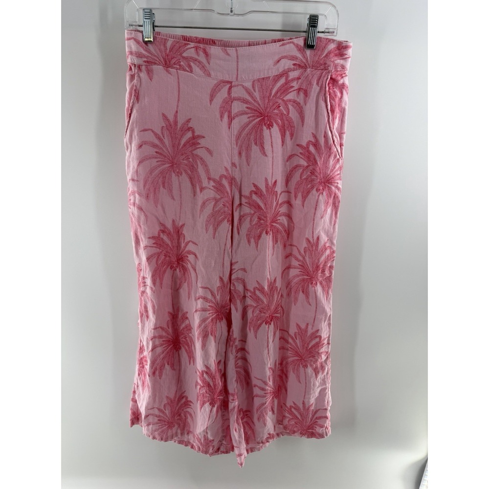 Tahari 100% Linen Wide Leg Capri Pants Womens M Pink Palm Tree Print Resort Boho